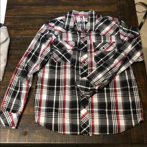 Reclaim Buckle red, black &white plaid button down